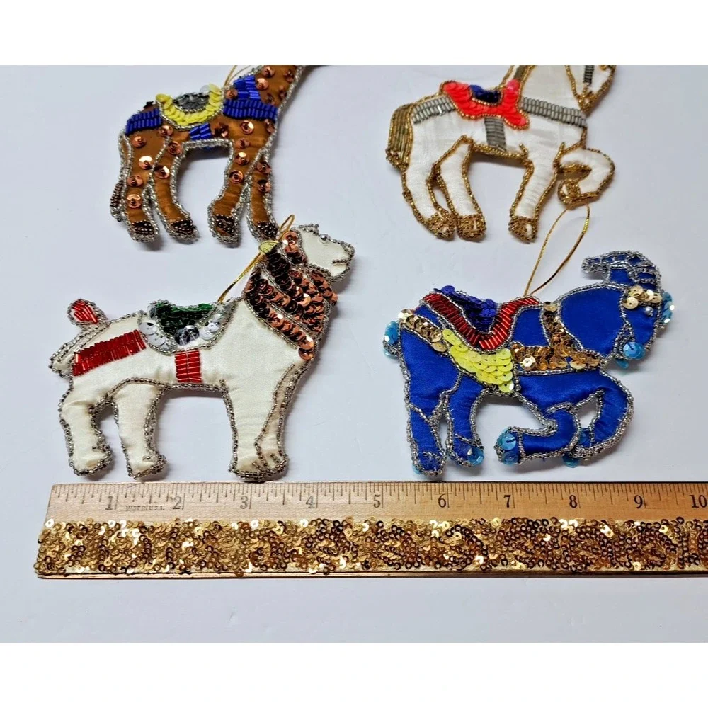 Four Animal Christmas Ornaments Satin Fabric Beaded Sequins Shiny Vintage Decor